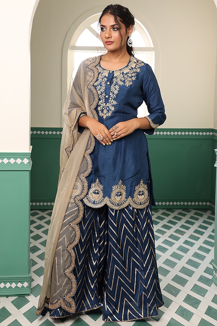 Blue Silk Embroidered Sharara Set by Raas Couture