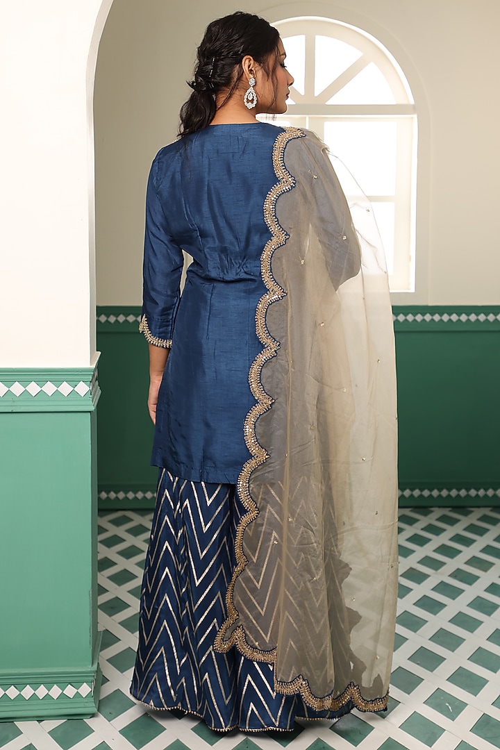 Blue Silk Embroidered Party Wear Sharara Set by Raas Couture at Pernia's Pop Up Shop