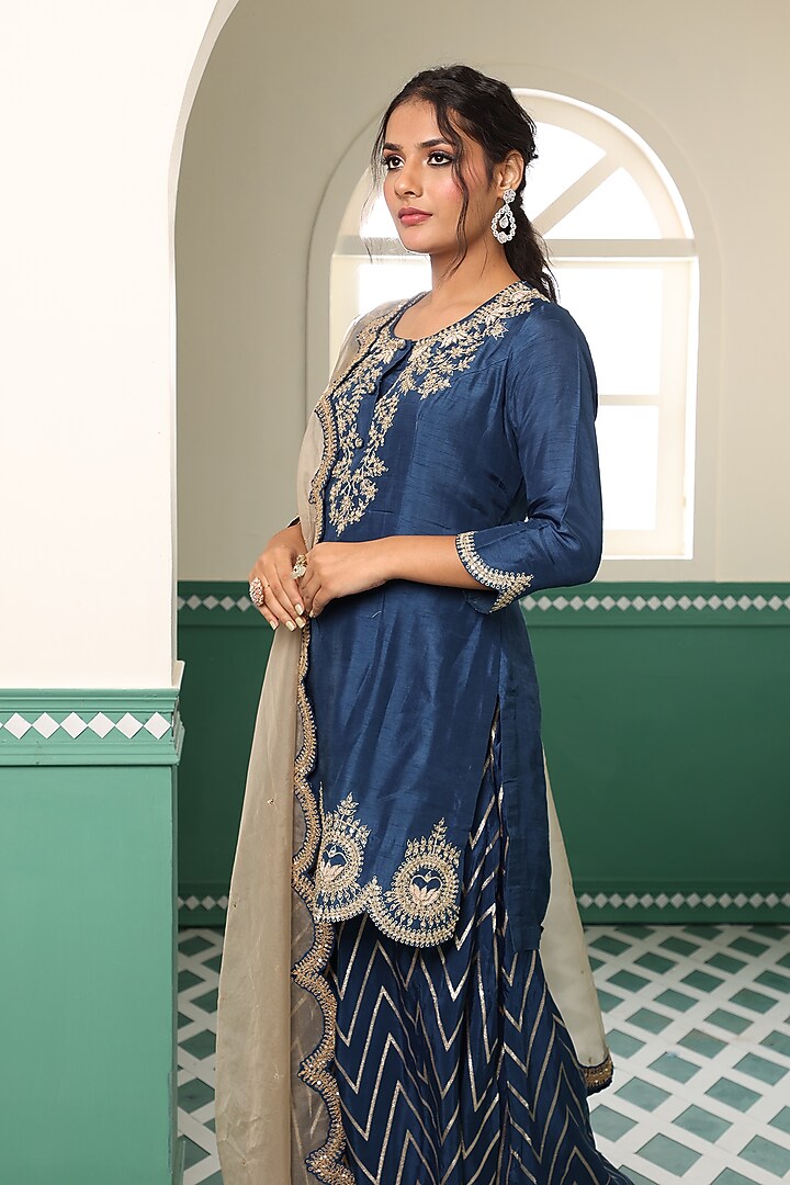 Blue Silk Embroidered Party Wear Sharara Set by Raas Couture at Pernia's Pop Up Shop
