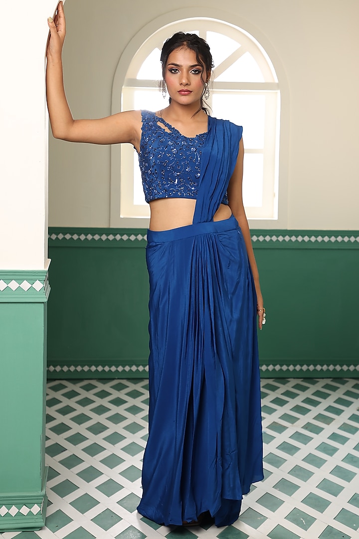 Royal Blue Armani Satin Pre-Stitched Saree Set by Raas Couture