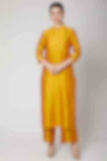 Mustard Gathered Silk Kurta by Rachana Ved