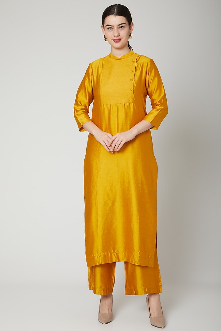 Mustard Gathered Silk Kurta by Rachana Ved