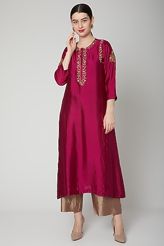 Magenta Embroidered Panel Kurta by Rachana Ved