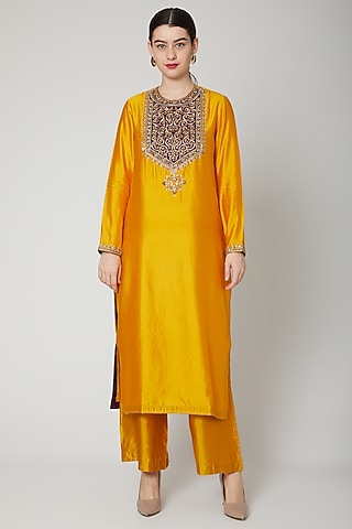 Yellow Embroidered Straight Kurta by Rachana Ved