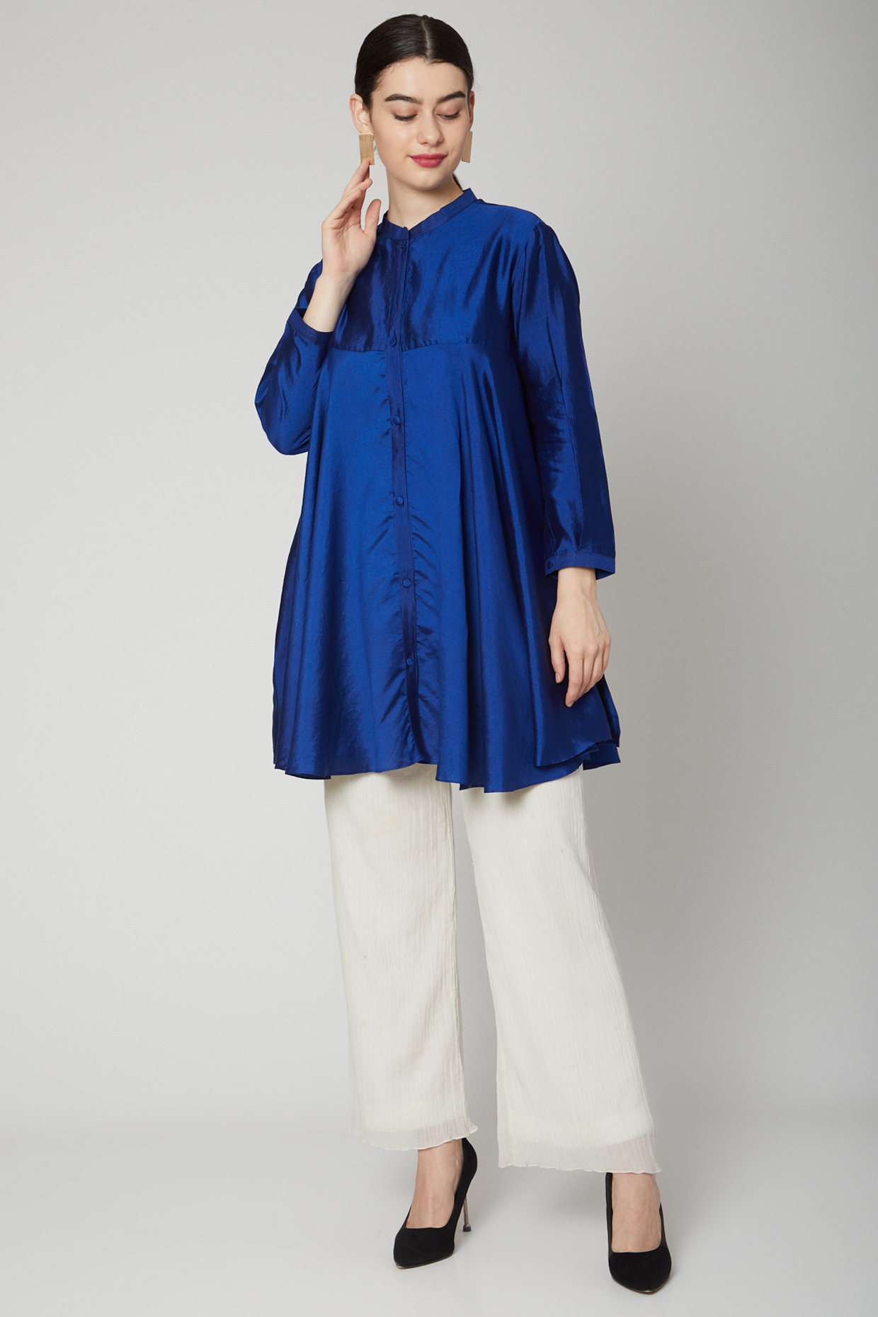 Cobalt Blue Flared Short Kurta by Rachana Ved