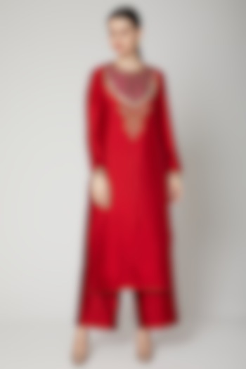Red Embroidered Straight Kurta by Rachana Ved
