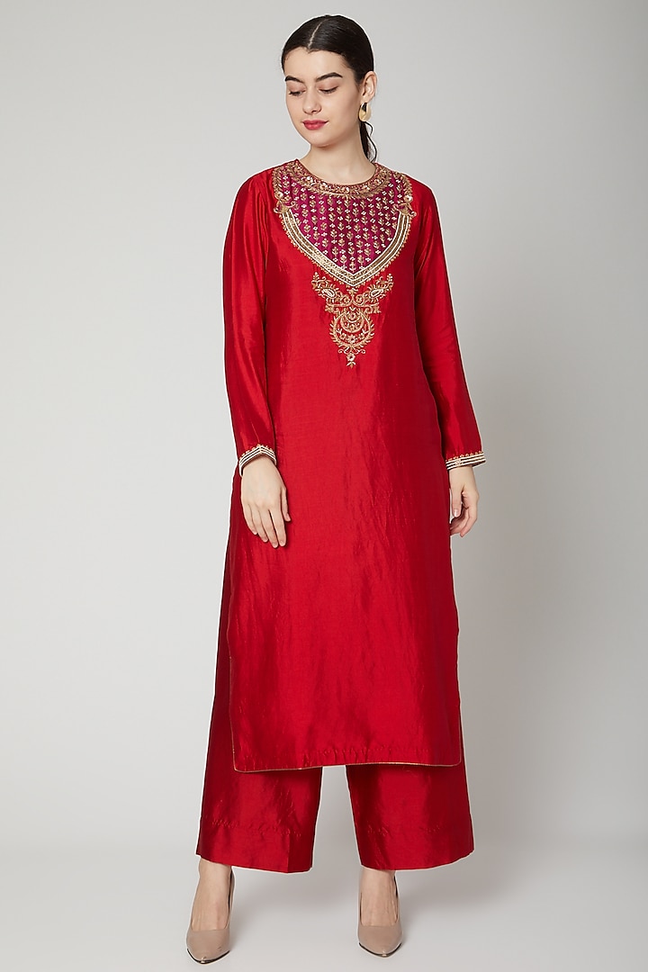 Red Embroidered Straight Kurta by Rachana Ved