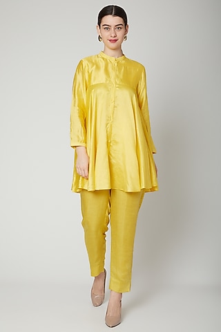 Powder Yellow Flared Short Kurta by Rachana Ved