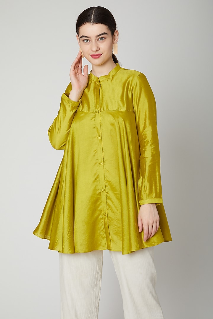 Mehendi Green Flared Short Kurta by Rachana Ved at Pernia's Pop Up Shop