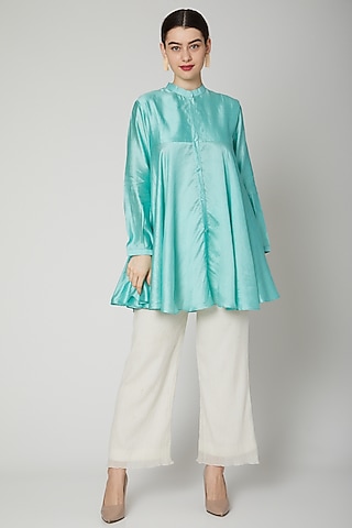 Sky Blue Flared Short Kurta by Rachana Ved