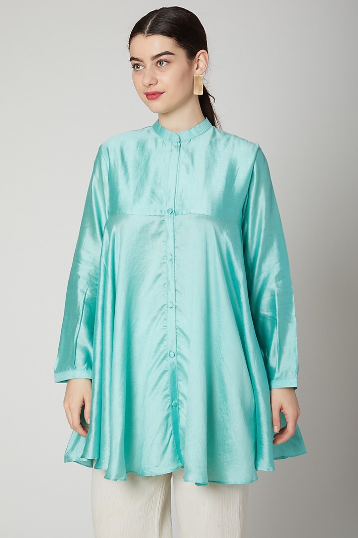 Sky Blue Flared Short Kurta by Rachana Ved at Pernia's Pop Up Shop