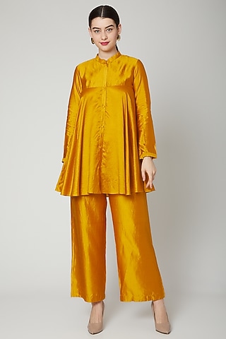Mustard Flared Short Kurta by Rachana Ved