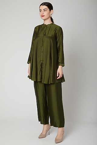 Olive Green Flared Short Kurta by Rachana Ved
