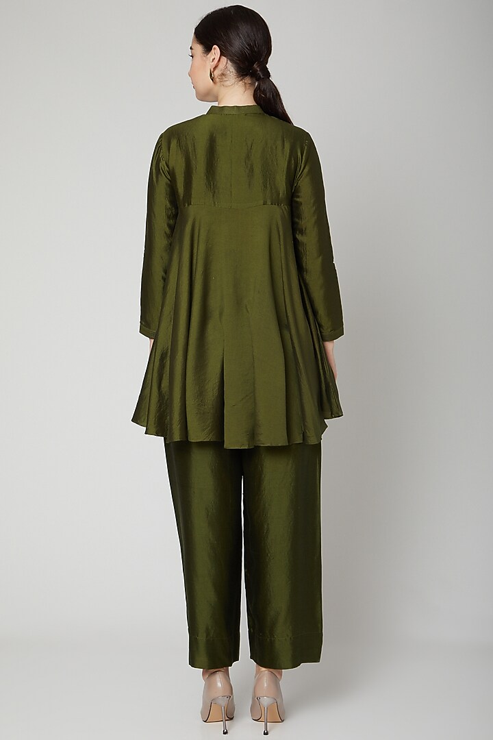 Olive Green Flared Short Kurta by Rachana Ved at Pernia's Pop Up Shop