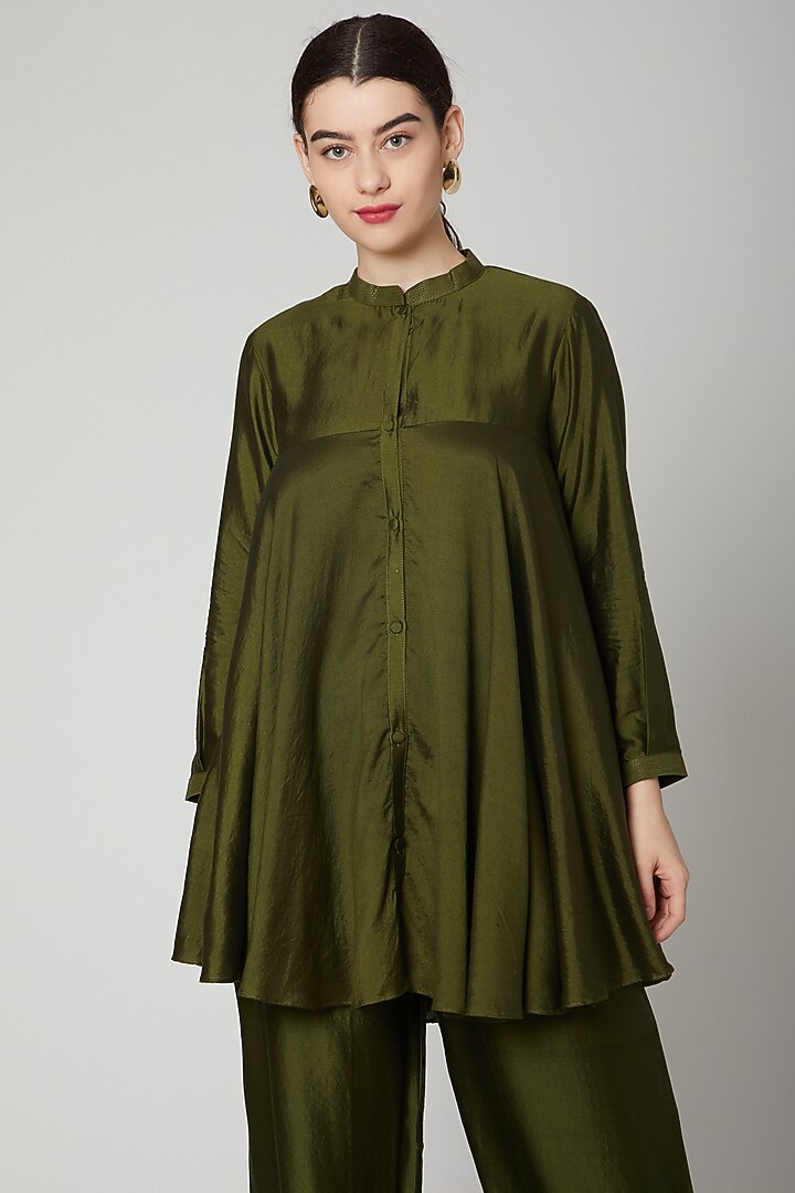 Olive Green Flared Short Kurta by Rachana Ved at Pernia's Pop Up Shop