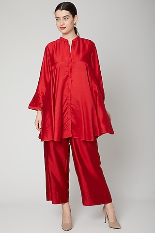 Red Flared Short Kurta by Rachana Ved
