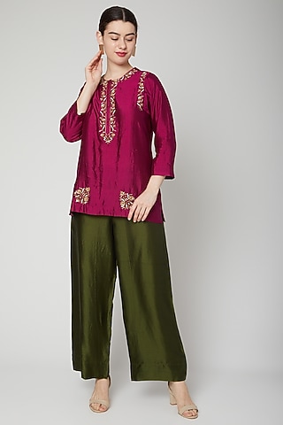 Wine Embroidered Short Kurta by Rachana Ved
