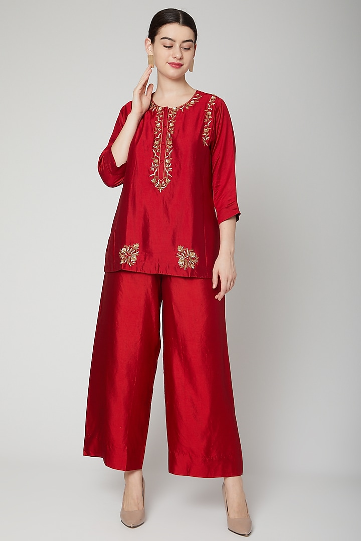 Red Embroidered Short Kurta by Rachana Ved