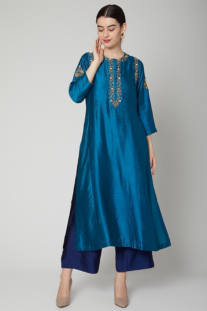 Turquoise Embroidered Long Kurta by Rachana Ved