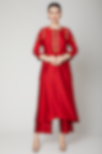Red Embroidered Long Kurta by Rachana Ved