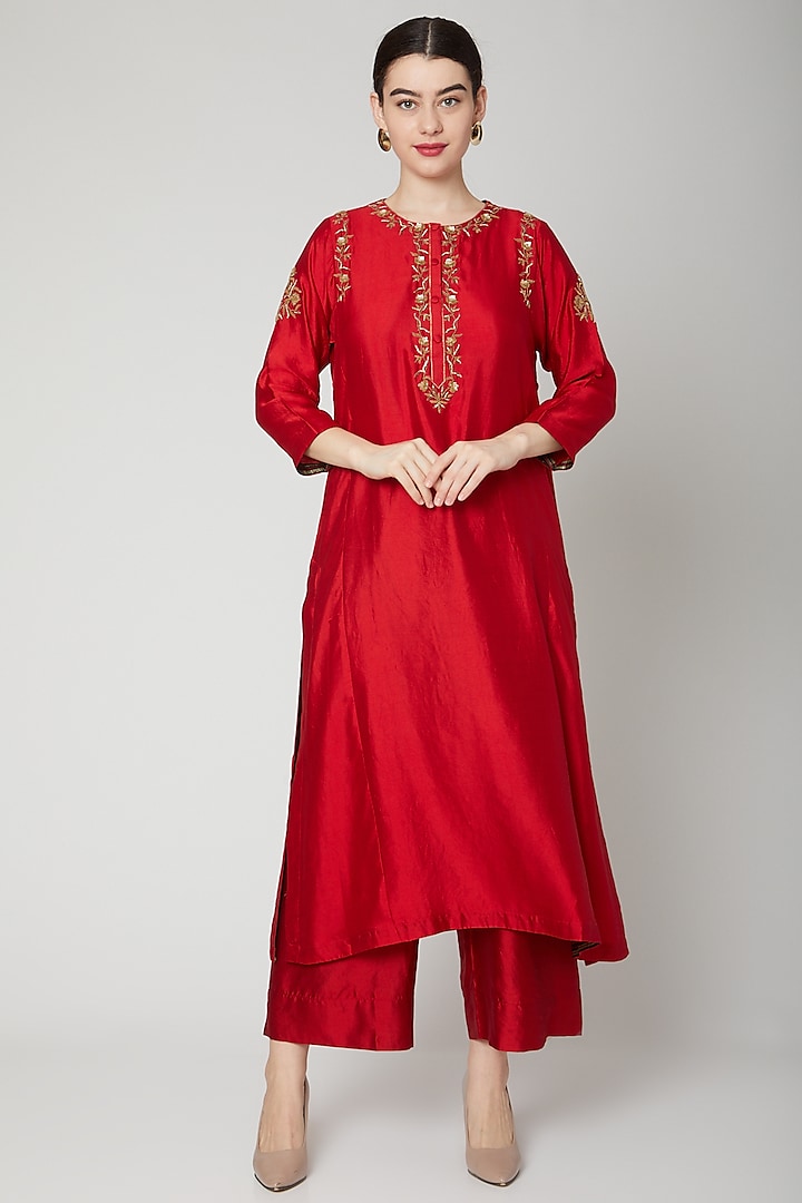 Red Embroidered Long Kurta by Rachana Ved