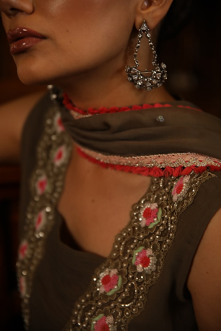 Ash Grey Georgette Hand Embroidered Straight Kurta Set by Radha Sharma at Pernia's Pop Up Shop