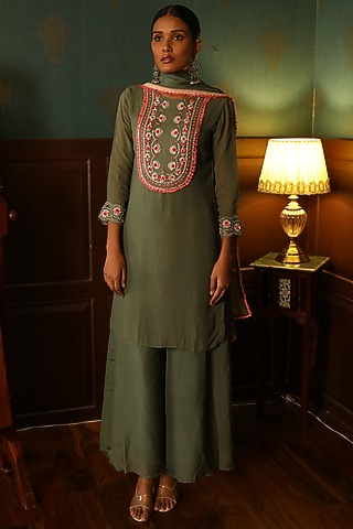 Olive Georgette Hand Embroidered Straight Kurta Set by Radha Sharma