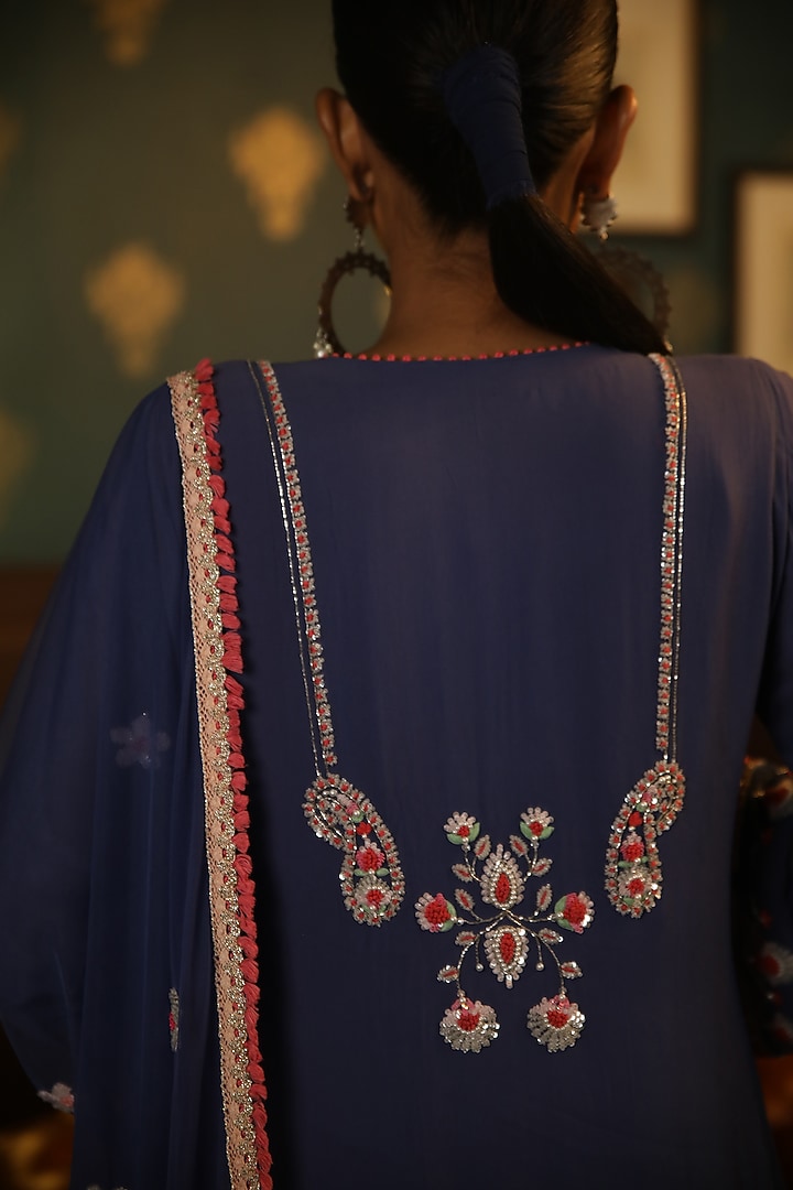 Cobalt Blue Georgette Hand Embroidered Straight Kurta Set by Radha Sharma at Pernia's Pop Up Shop