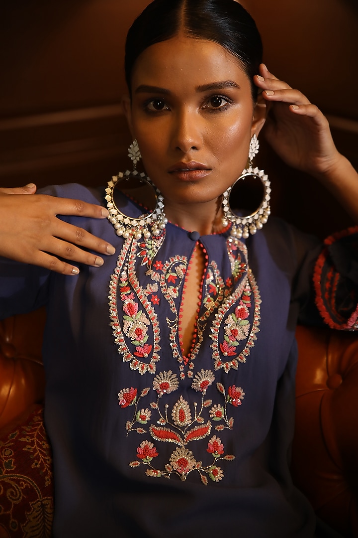 Cobalt Blue Georgette Hand Embroidered Straight Kurta Set by Radha Sharma at Pernia's Pop Up Shop
