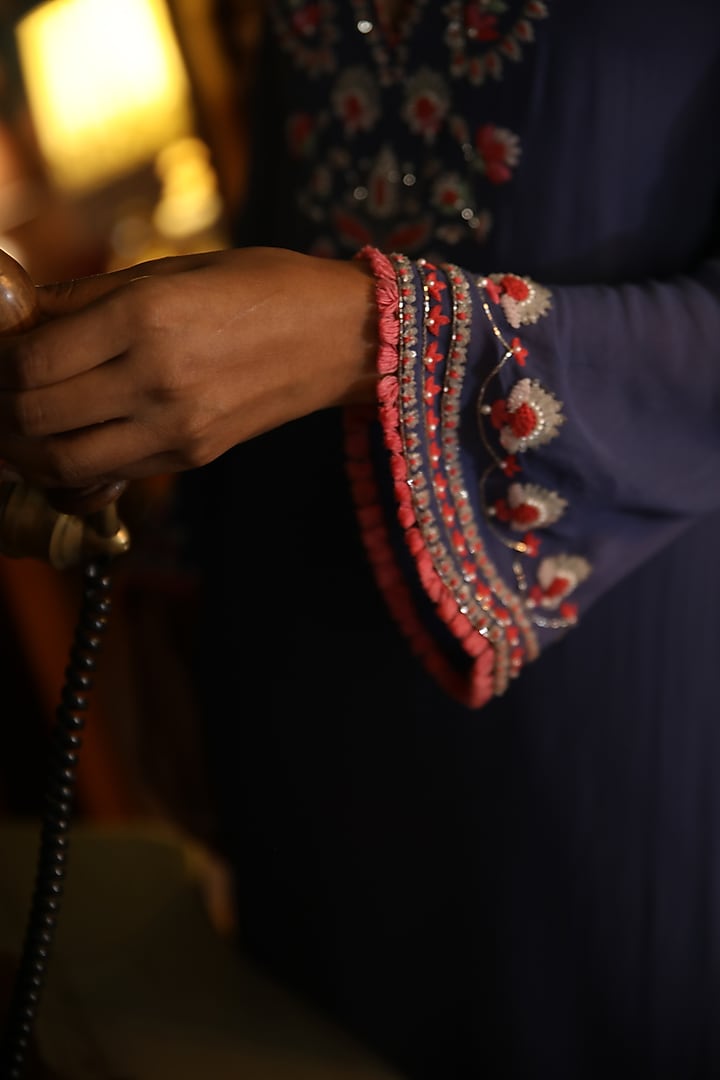 Cobalt Blue Georgette Hand Embroidered Straight Kurta Set by Radha Sharma at Pernia's Pop Up Shop