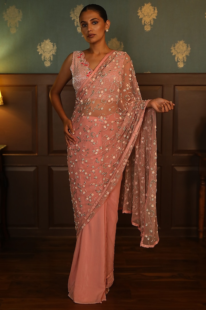 Blush Pink Crepe Hand Embroidered Pleated Saree Set by Radha Sharma