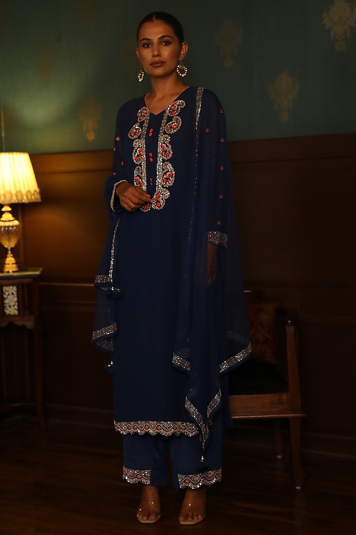 Egyptian Blue Georgette Hand Embroidered Straight Kurta Set by Radha Sharma