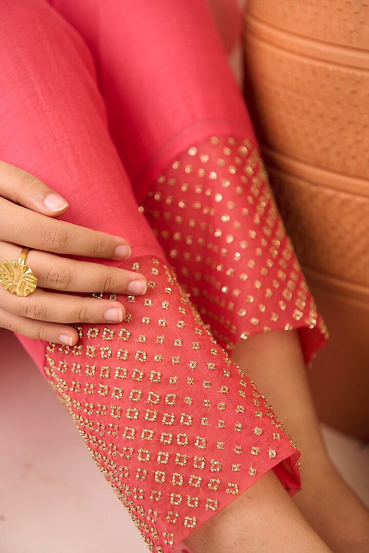 Rose Pink Georgette Hand Embroidered Straight Kurta Set by Radha Sharma at Pernia's Pop Up Shop