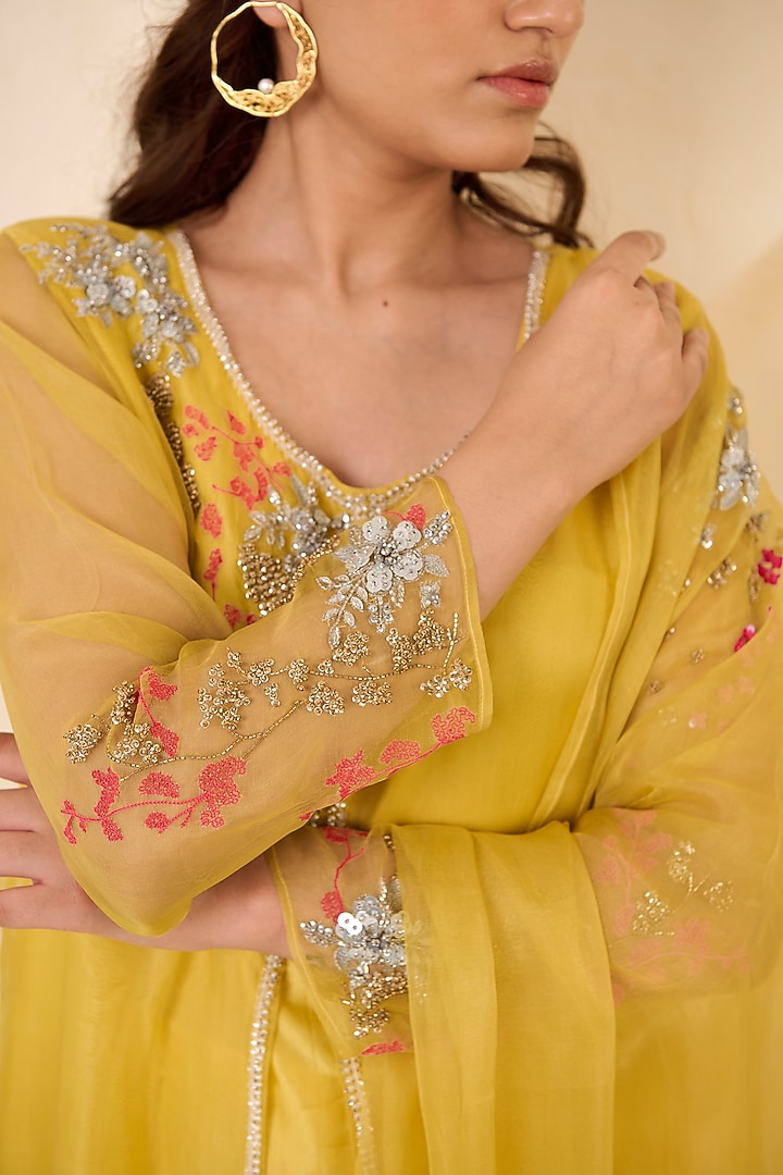 Yellow Organza Hand Embroidered Straight Kurta Set by Radha Sharma at Pernia's Pop Up Shop
