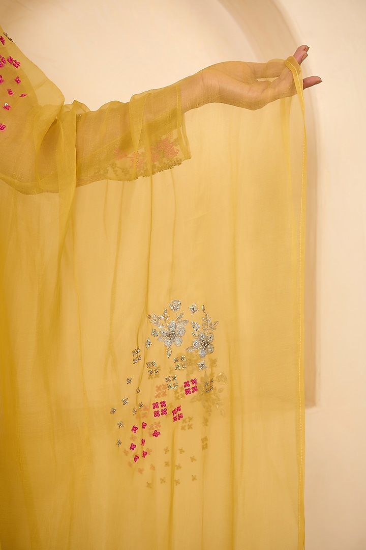 Yellow Organza Hand Embroidered Straight Kurta Set by Radha Sharma at Pernia's Pop Up Shop