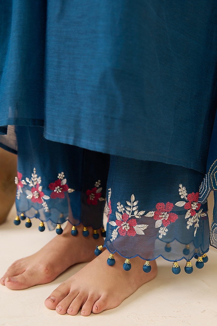 Sapphire Blue Chanderi Cotton Hand Embroidered Straight Kurta Set by Radha Sharma at Pernia's Pop Up Shop