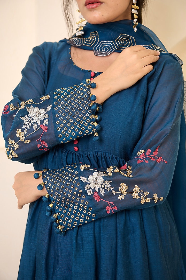 Sapphire Blue Chanderi Cotton Hand Embroidered Straight Kurta Set by Radha Sharma at Pernia's Pop Up Shop
