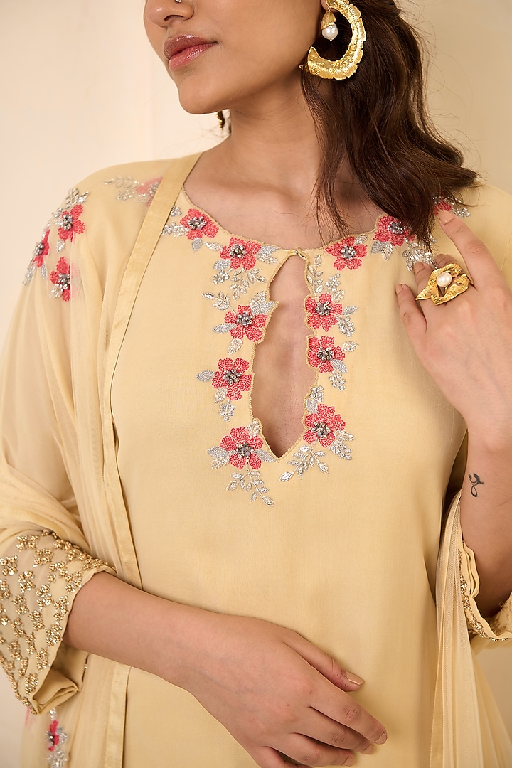Light Yellow Georgette Hand Embroidered Straight Kurta Set by Radha Sharma at Pernia's Pop Up Shop
