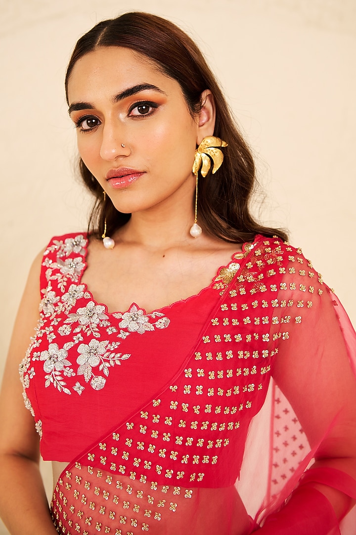 Ruby Pink Pure Organza Hand Embroidered Wedding Saree Set by Radha Sharma at Pernia's Pop Up Shop