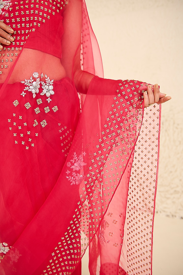 Ruby Pink Pure Organza Hand Embroidered Wedding Saree Set by Radha Sharma at Pernia's Pop Up Shop