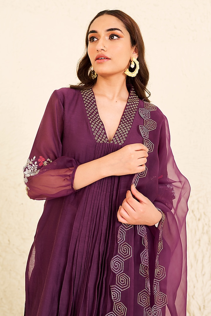 Mauve Chanderi Cotton Solid Straight Cut Suit
