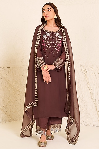 Brown Georgette Hand Embroidered Straight Kurta Set by Radha Sharma