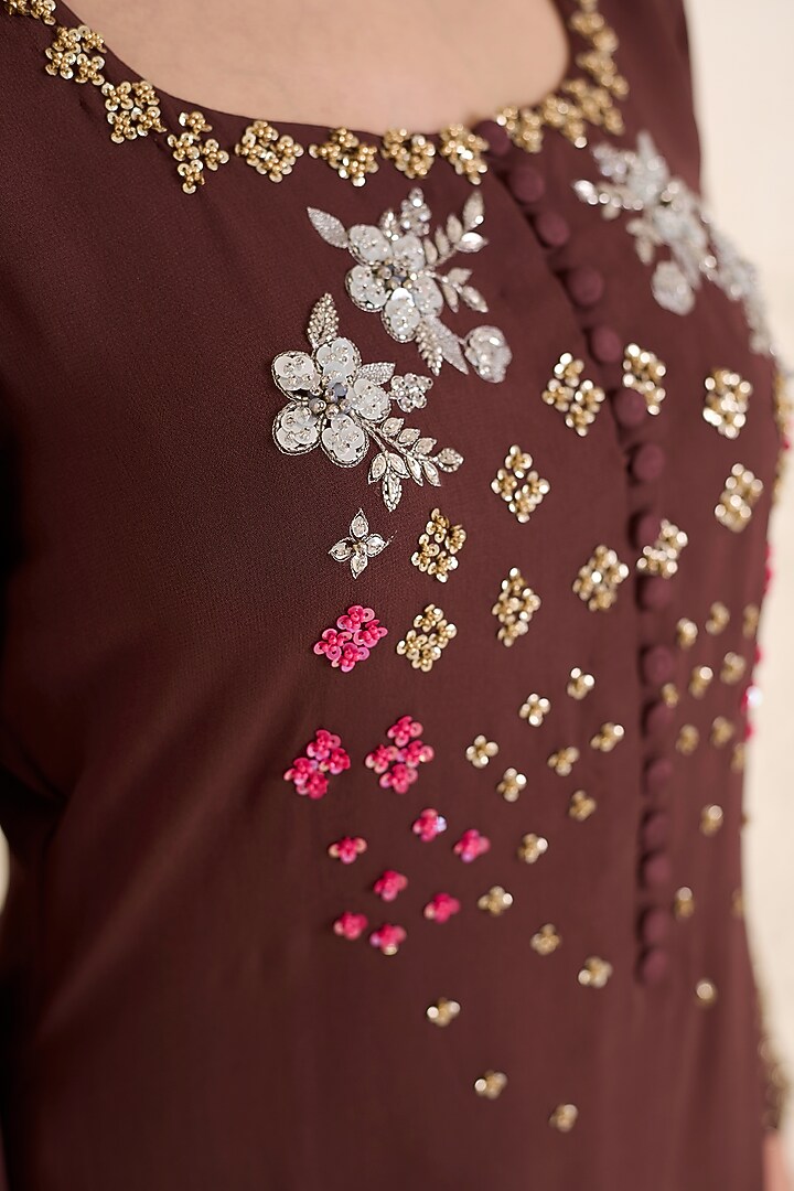 Brown Georgette Hand Embroidered Straight Kurta Set by Radha Sharma at Pernia's Pop Up Shop
