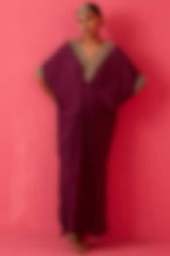 Plum Moss Crepe Pearl Hand Embroidered Kaftan by Radha Sharma at Pernia's Pop Up Shop