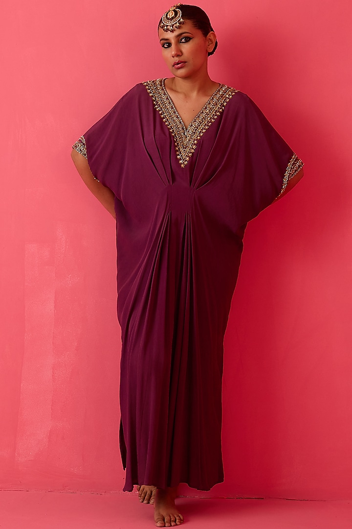 Plum Moss Crepe Pearl Hand Embroidered Kaftan by Radha Sharma at Pernia's Pop Up Shop