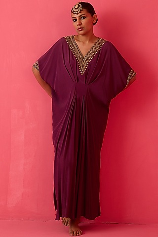 Plum Moss Crepe Pearl Hand Embroidered Kaftan by Radha Sharma