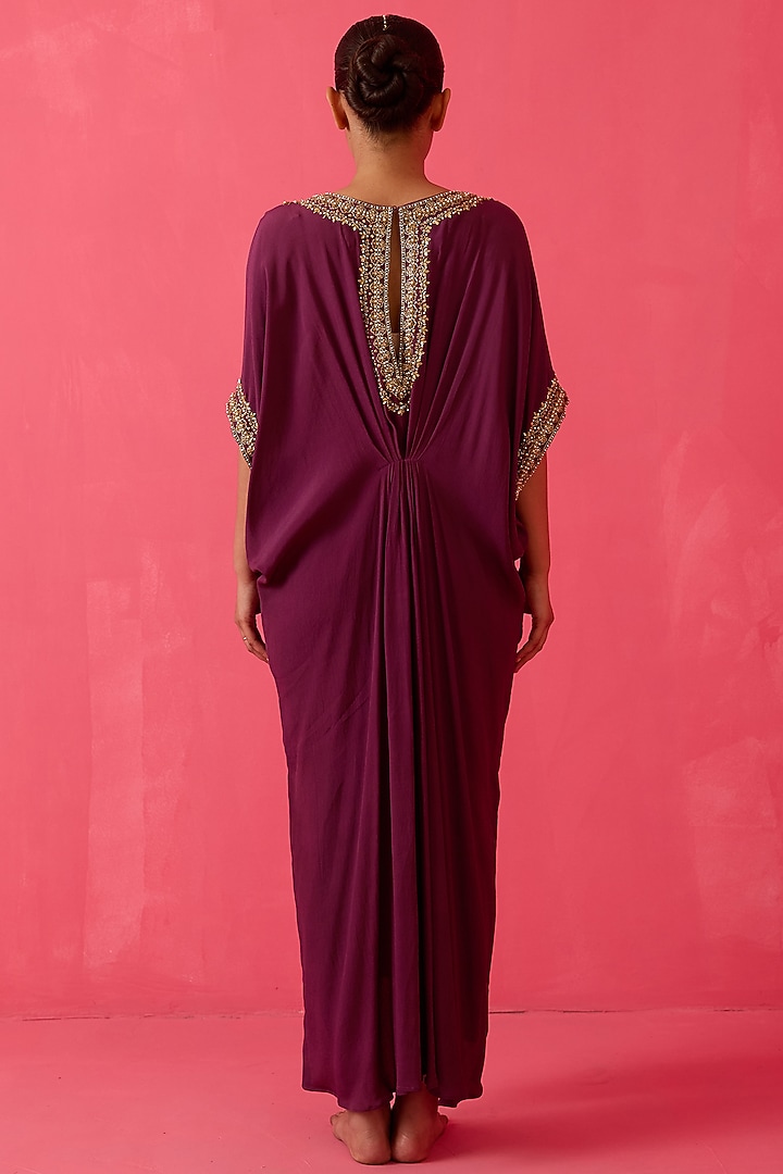 Plum Moss Crepe Pearl Hand Embroidered Kaftan by Radha Sharma at Pernia's Pop Up Shop