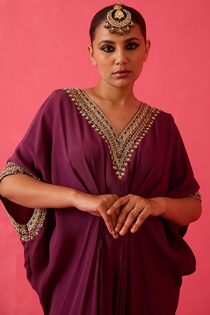 Plum Moss Crepe Pearl Hand Embroidered Kaftan by Radha Sharma at Pernia's Pop Up Shop