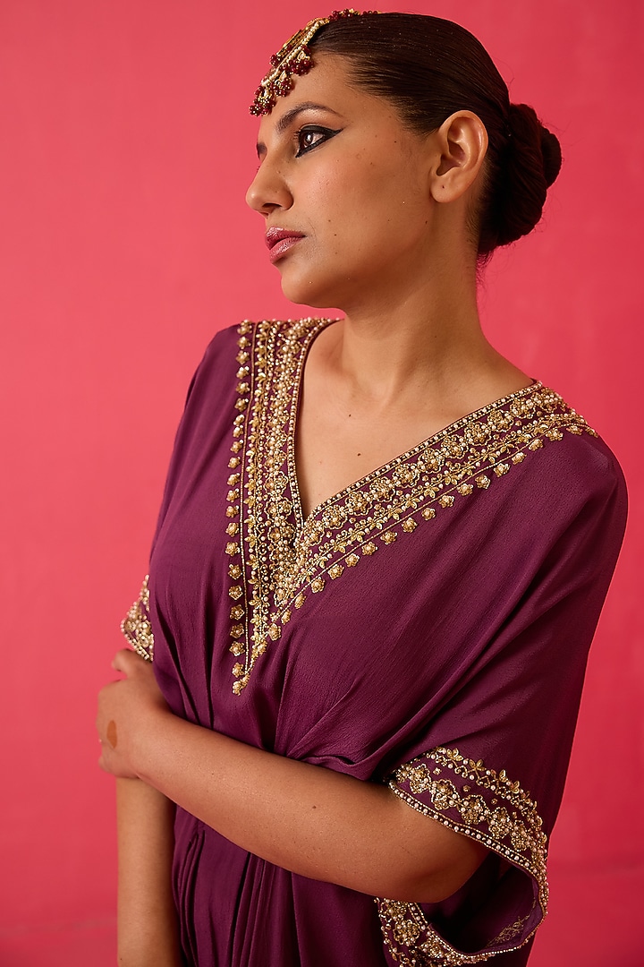 Plum Moss Crepe Pearl Hand Embroidered Kaftan by Radha Sharma at Pernia's Pop Up Shop
