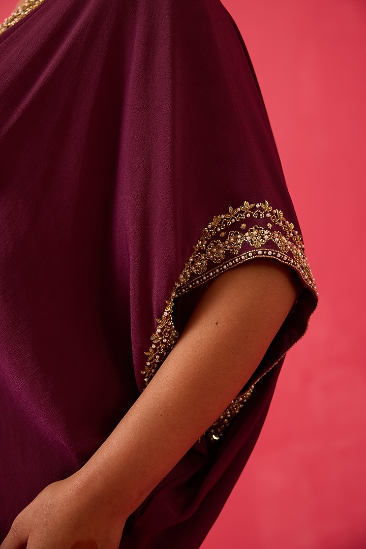 Plum Moss Crepe Pearl Hand Embroidered Kaftan by Radha Sharma at Pernia's Pop Up Shop